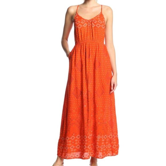 Lucky Brand Irving & Fine Orange Strappy Maxi Dress Pockets Sequin India XL - Picture 13 of 13